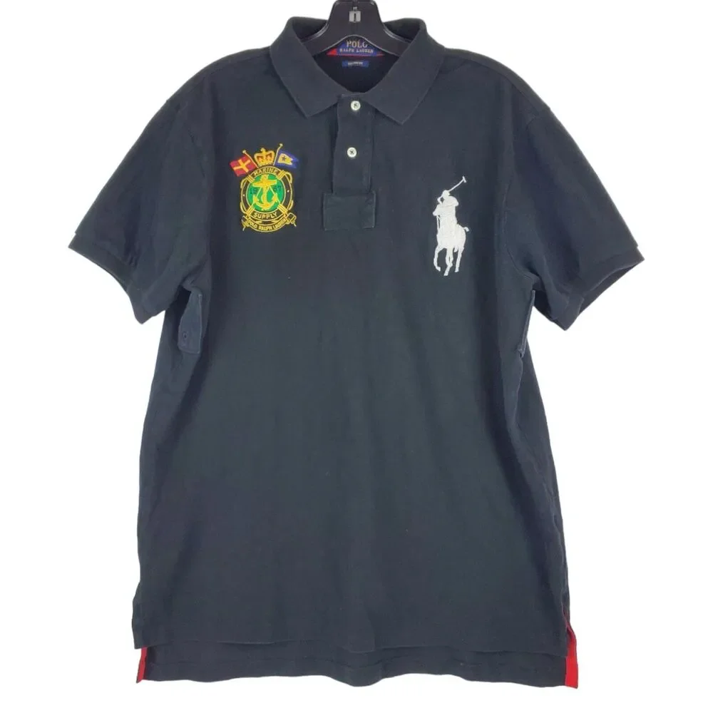 POLO RALPH LAUREN Polo Shirt Mens XL Black White BIG PONY Casual Preppy Nautical